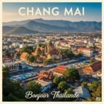 Vue aérienne de Chiang Mai avec temples et marché coloré.