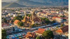 Vue aérienne de Chiang Mai avec temples et marché coloré.