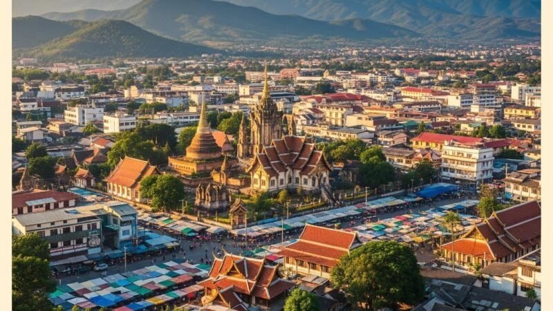 Illustration numérique d'une ville thaïlandaise avec temples et gratte-ciels
