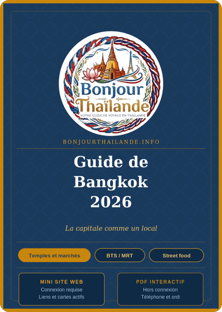Guide touristique de Bangkok 2026 avec temples, marchés, BTS/MRT et street food.