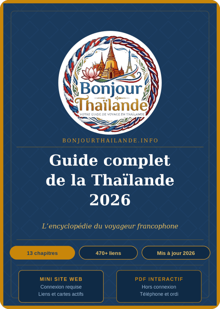 Couverture du guide de voyage de la Thaïlande 2026 avec temples et paysages.