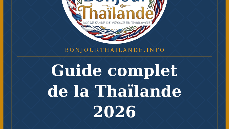 Couverture du guide de voyage de la Thaïlande 2026 avec temples et paysages.