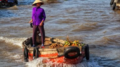 Femme en chapeau traditionnel sur un bateau au Mékong.
