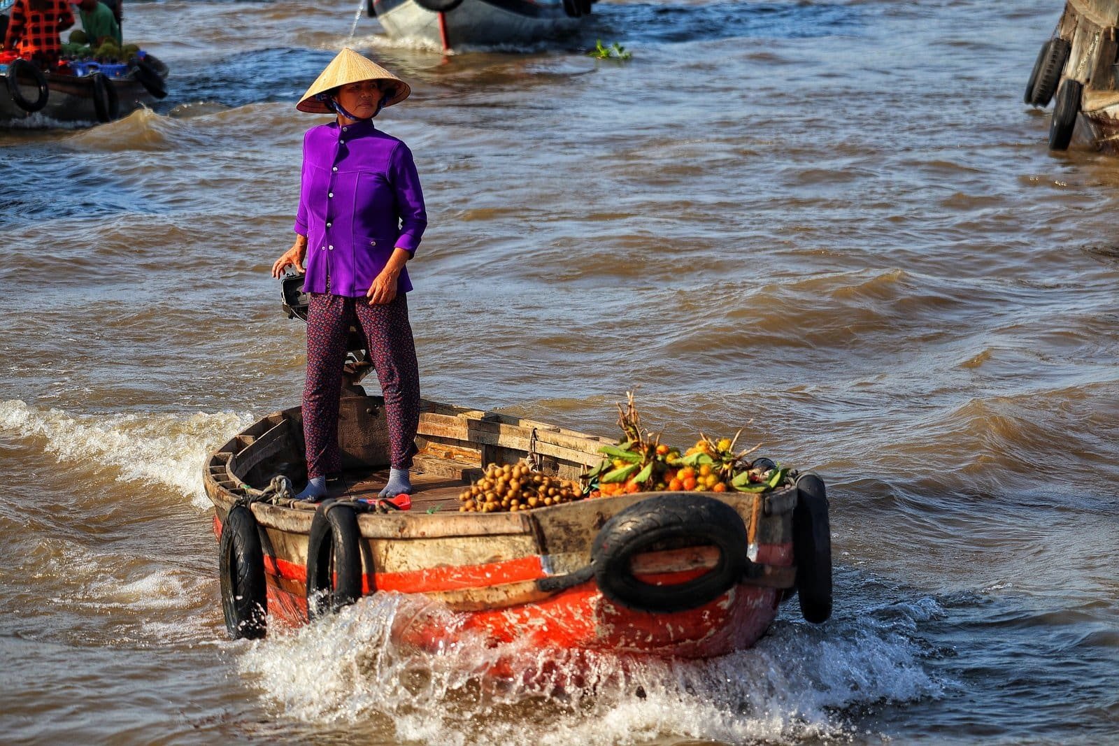 Femme en chapeau traditionnel sur un bateau au Mékong.